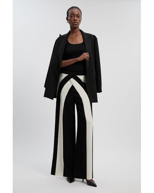 Karen Millen Black Compact Stretch Colour Block Tailored Wide Leg Trouser