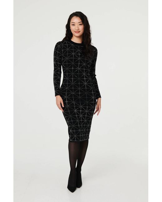 Izabel London Black Geo Diamante Detail Slim Knit Midi Dress