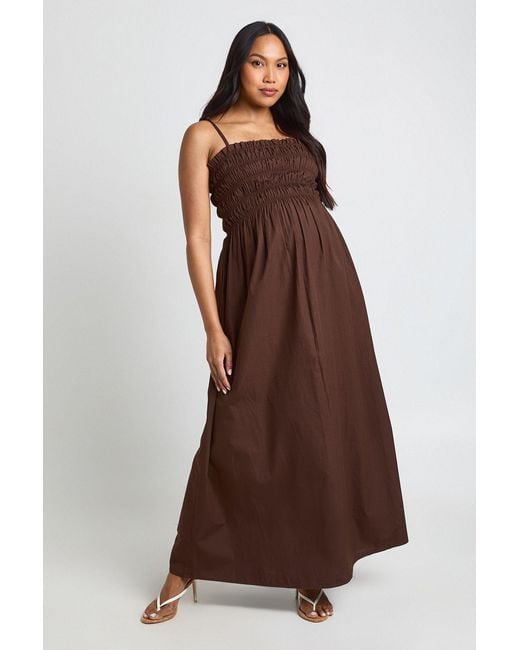 Boohoo Brown Materntiy Cotton Poplin Shirred Strappy Maxi Dress