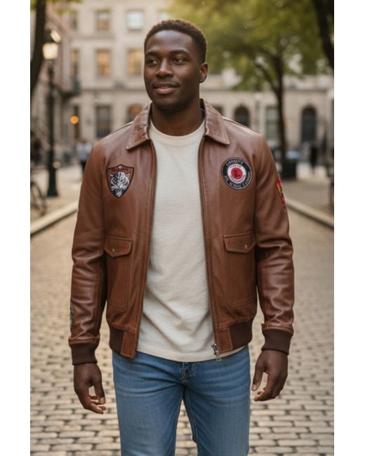Infinity Leather Brown Flying Bomber Aviator Collar Jacket for men