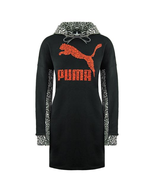 PUMA Black X Mr. Doodle Long Sleeve Pullover Hooded Jumper Dress 598686 01 Cotton