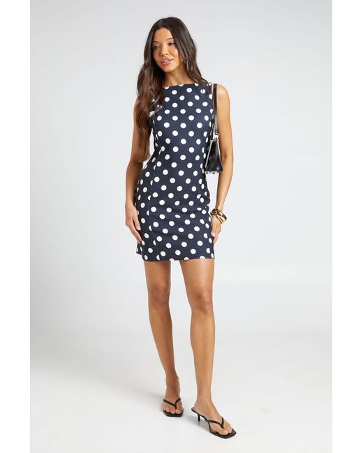 Boohoo Blue Polka Dot Slash Neck Mini Dress