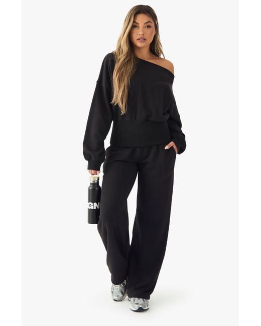 Boohoo Black Off The Shoulder Cinched Waist Wide Leg Tracksuit