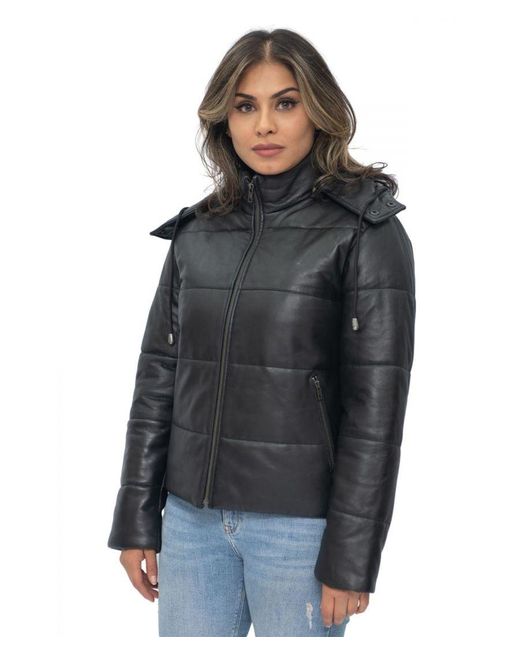 Infinity Leather Black Puffer Bomber Jacket-Ajax