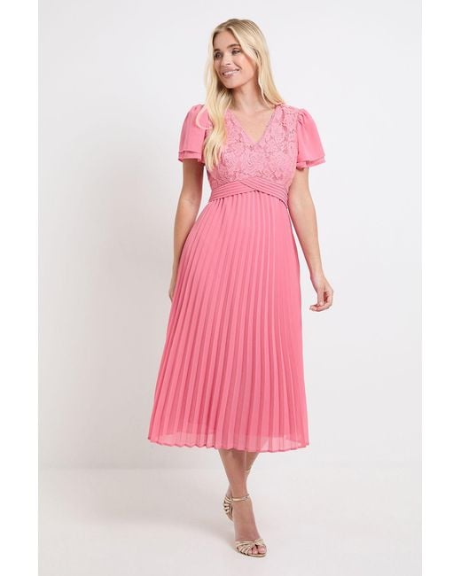 Wallis Pink Petite Lace Pleat Detail Midi Dress
