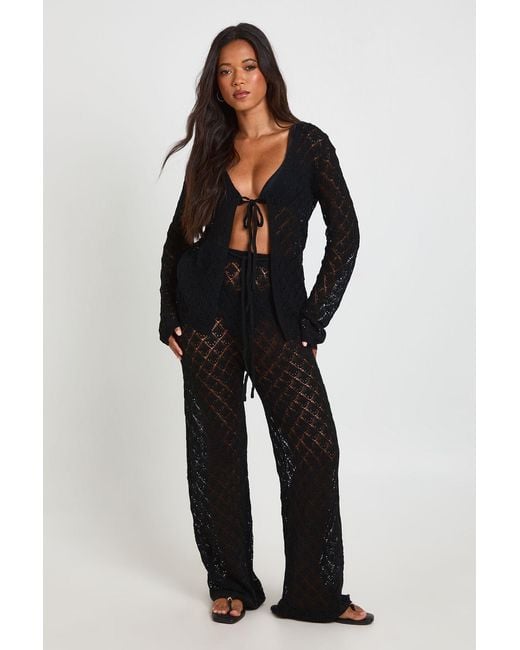 Boohoo Black Crochet Knit Tie Front Cardigan And Wide Leg Trouser Co-Ord