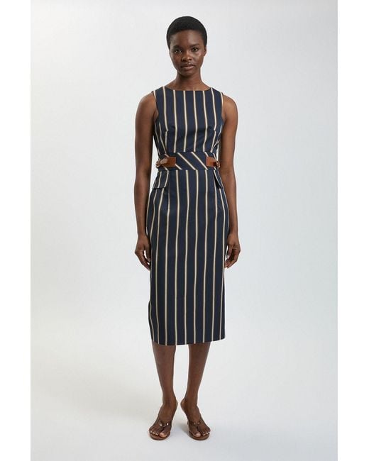 Karen Millen Blue Petite Stripe Side Tab Pencil Midi Dress