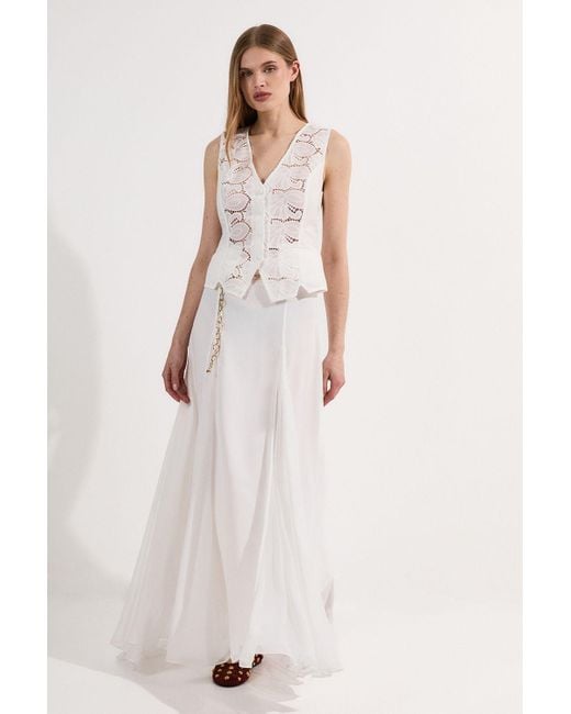 Karen Millen White Crinkle Georgette Godet Woven Maxi Skirt