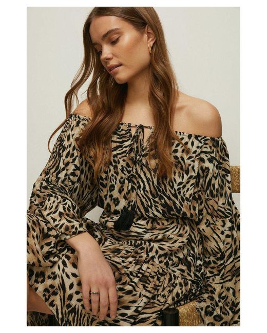 Oasis Brown Animal Print Bardot Dress Viscose