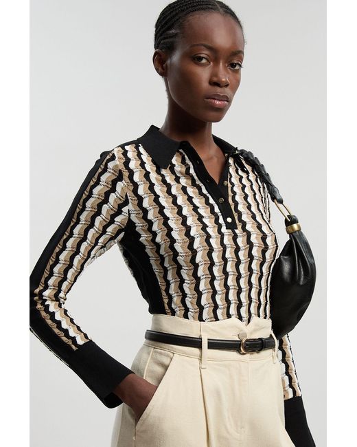 Karen Millen Black Knit Pointelle Contrast Collared Top