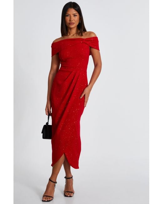 Quiz Red Glitter Bardot Midi Dress
