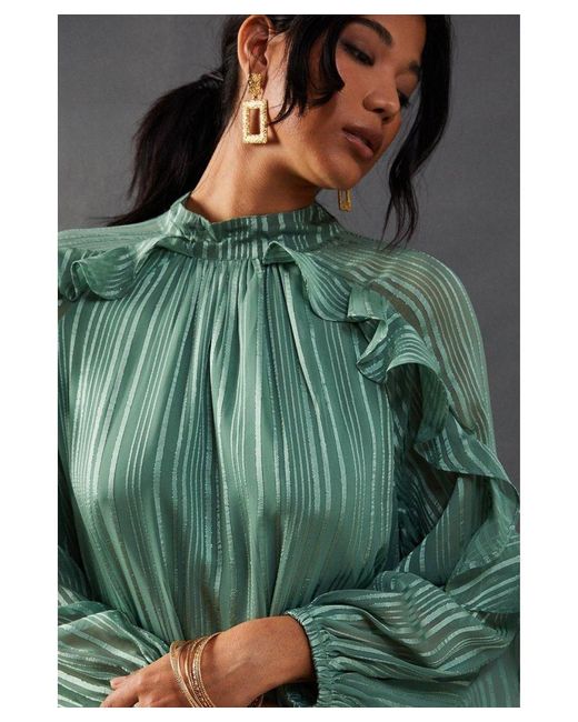 Warehouse Green Shadow Stripe Tie Back Neck Ruffle Tier Midi Dress