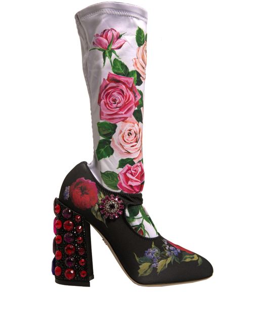 Dolce & Gabbana White Floral Print Ankle Boots With Crystals