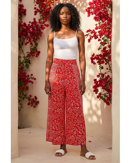 Roman Red Floral Print Wide Leg Culottes