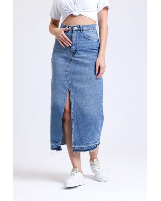 Hiccup Blue Denim High Waist Midi Skirt With A Front Slit