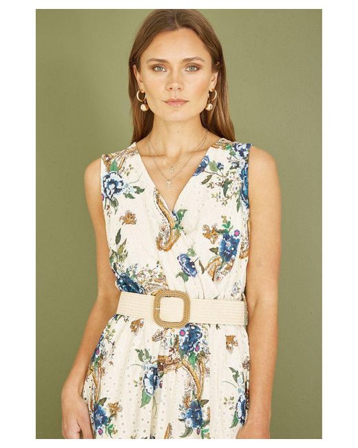 Yumi' Green Premium Ivory Floral Print Broderie Anglaise Cotton Dip Hem Midaxi Dress