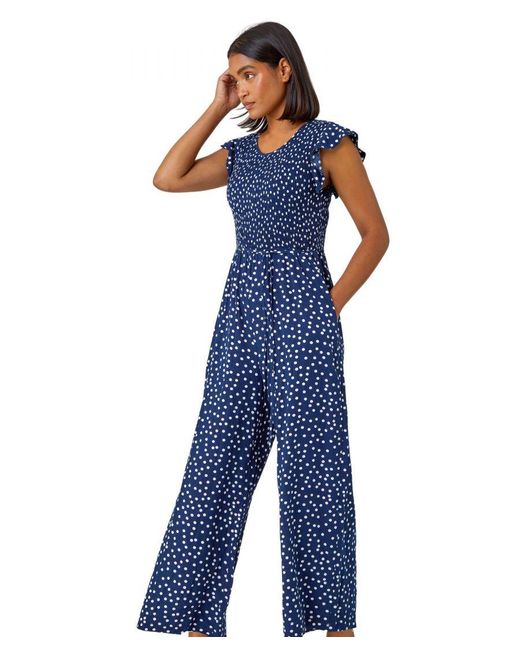 Roman Blue Polka Dot Shirred Pocket Jumpsuit