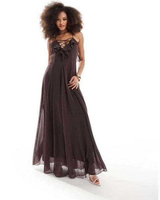 ASOS Brown Lace Up Ruffle Cami Maxi Dress With Godet