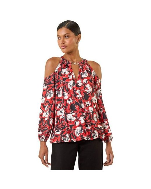 Roman Red Printed Cold Shoulder Stretch Top