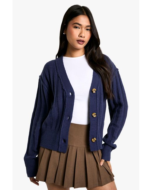 Boohoo Blue Seam Detail Soft Rib Knit Boyfriend Cardigan