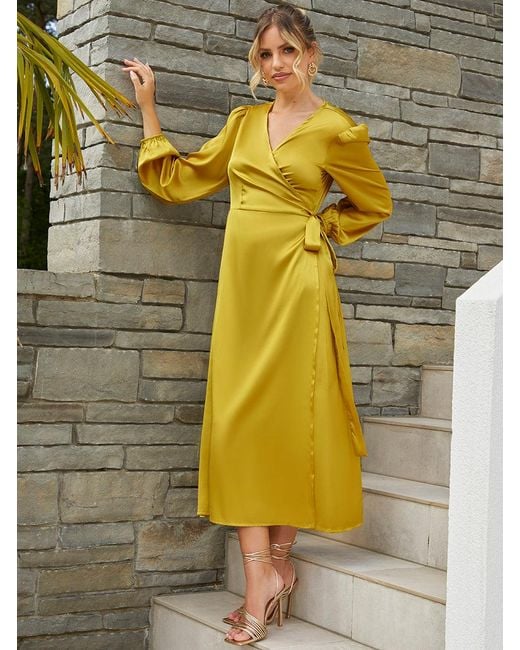 Chi Chi London Yellow Long Sleeve Satin Wrap Shirt Dress