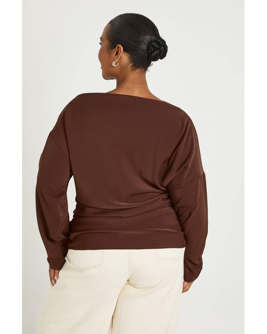 Boohoo Brown Plus Ruched Long Sleeve Blouse
