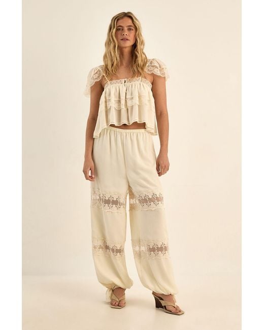 Nasty Gal Natural Chiffon Lace Trim Cap Sleeve Tiered Cami Co-Ord Top