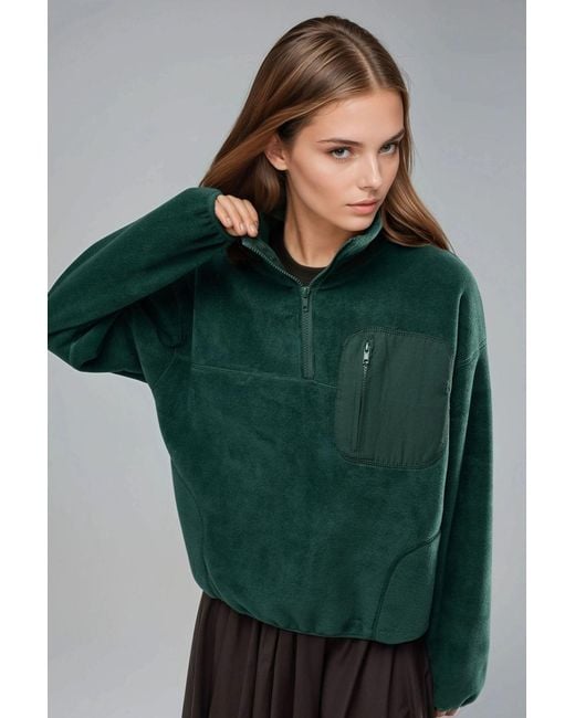 Busem Green Zipper Collar Plush Knit Sweatshirt With Pocket