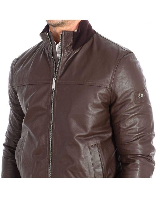 La Martina Brown Leather Jacket With Stand-Up Collar Rml001-Lt103 for men