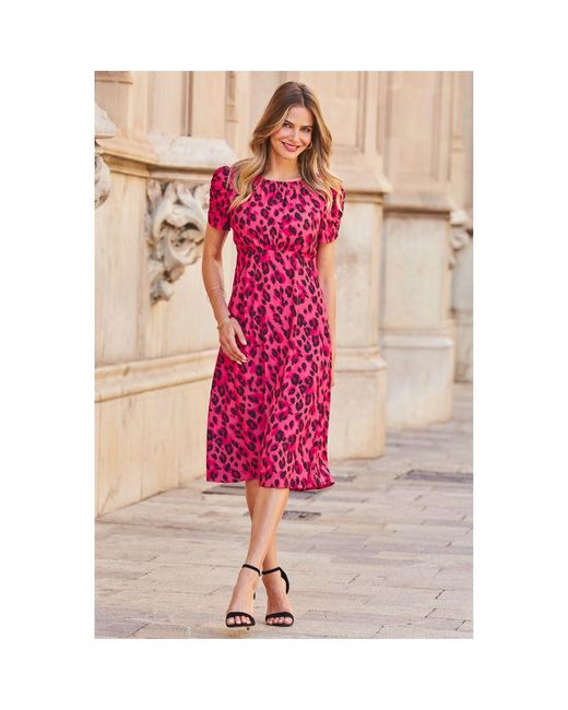 Sosandar Pink Hot Animal Printed Ruched Sleeve Midi Dress