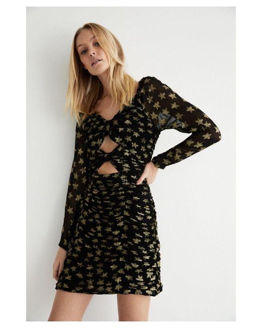Warehouse Black Sparkle Jacquard Ruched Mini Dress