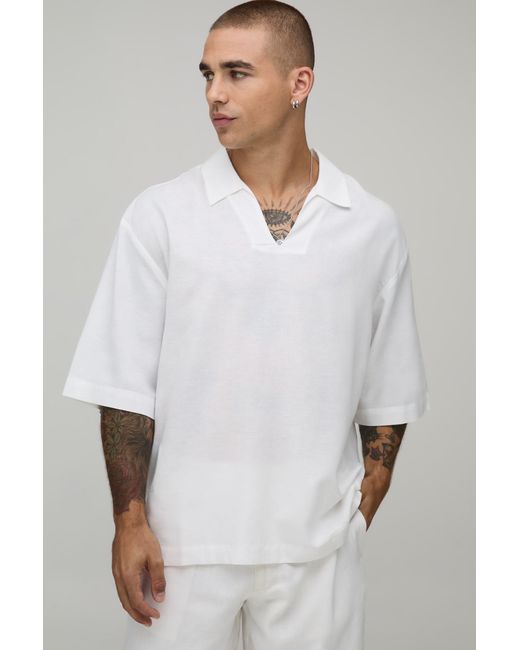 BoohooMAN White Oversized Deep V Neckline Linen Blend Shirt for men