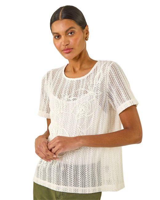 Roman White Textured Floral Line Stretch Top