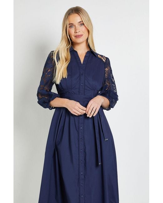 Wallis Blue Petite Cotton Lace Belted Shirt Dress