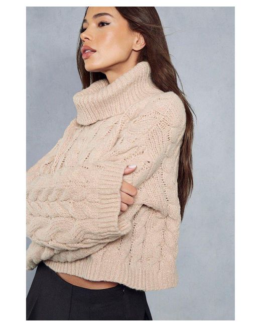 MissPap Natural Cropped Cable Knit Roll Neck Jumper