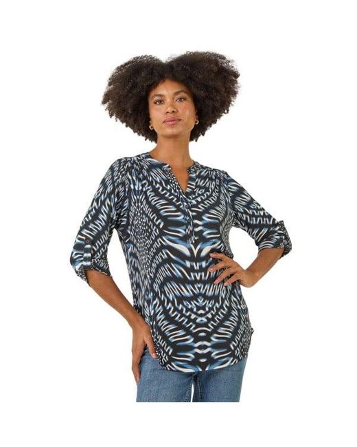 Roman Blue Abstract Puff Print Stretch Top