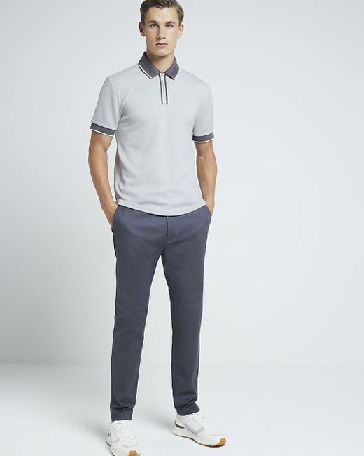 River Island Blue Polo Shirt Slim Fit Textured Tipped Half Zip for men
