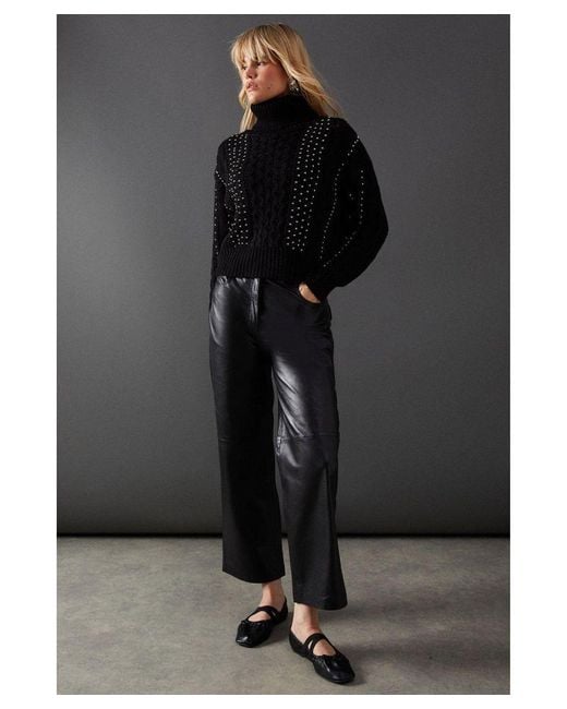 Warehouse Black Beaded Cable Knit Roll Neck Jumper