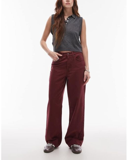 TOPSHOP Red Mid Rise Loose Fit Straight Jean