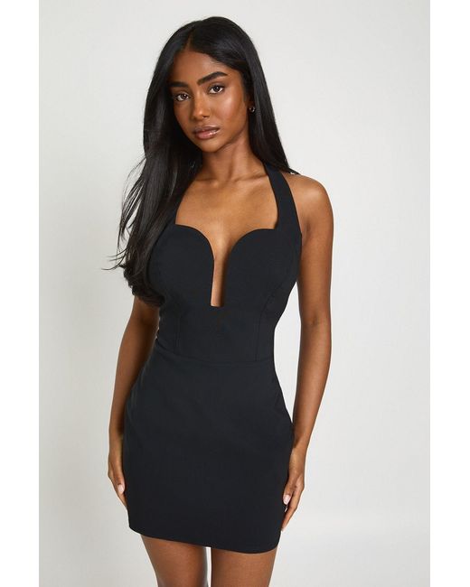 Boohoo Black Bengaline Halterneck Cut Out Corset Mini Dress