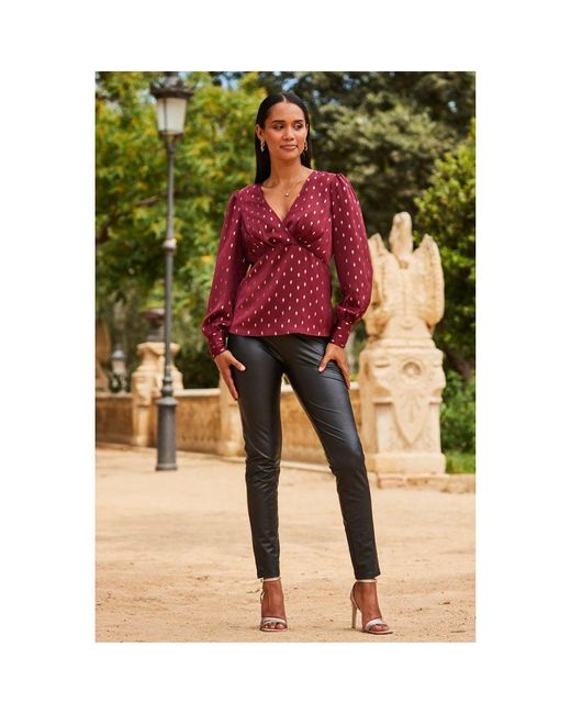 Sosandar Green Burgundy & Metallic Spot Print Satin Top