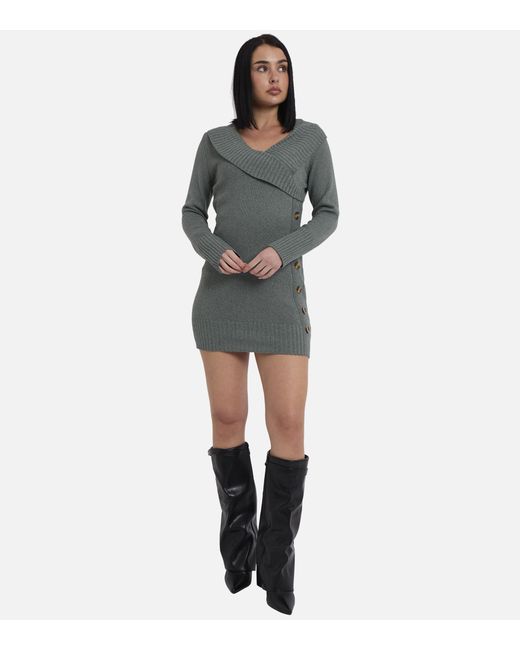 Gini London Green Sage Wrap Knit Button Detail Mini Jumper Dress