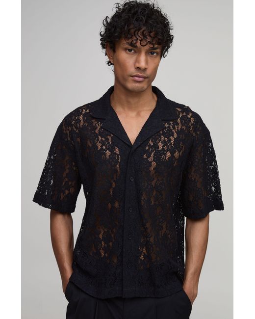 BoohooMAN Black Oversized Boxy Revere Short Sleeve Lace Shirt for men