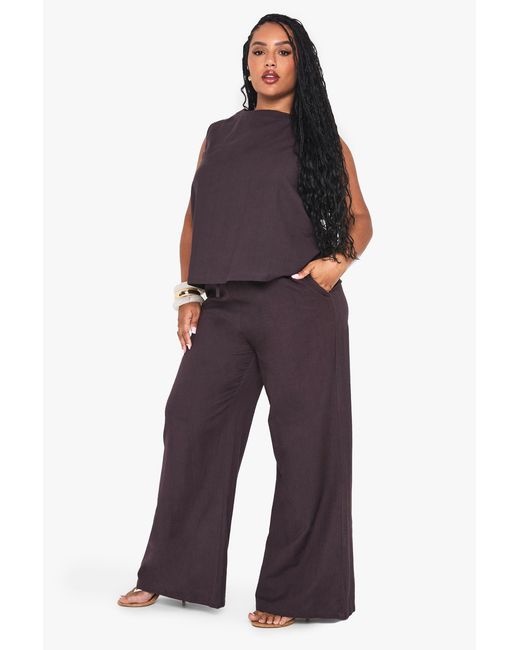 Boohoo Brown Plus High Neck Sleeveless Top And Drawstring Wide Leg Trousers Co-Ord