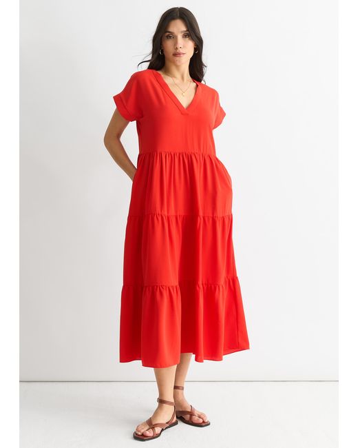 Gini London Red V Neck Pocket Smock Midi Dress