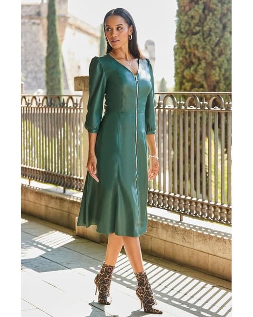 Sosandar Green Emerald Zip Front Faux Leather Midi Dress