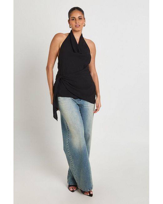 Boohoo Blue Plus Cowl Front Tie Side Halter Top