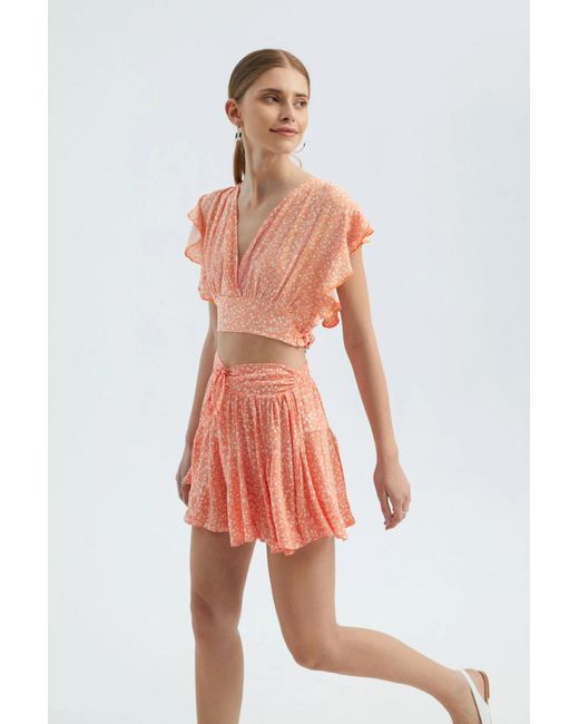 Hiccup Orange Floral High Waist Drawstring Ruffle Mini Skirt