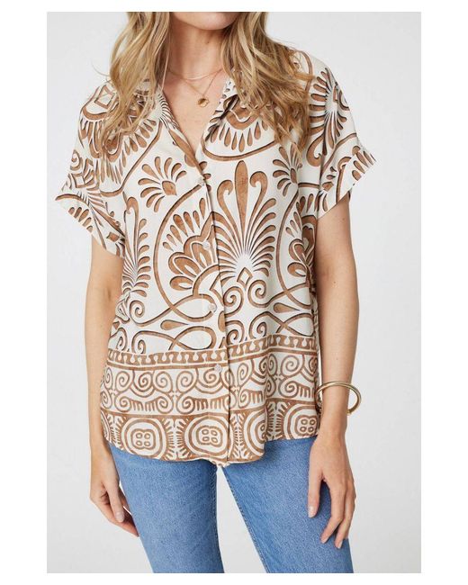Izabel London White Printed Button Down Short Sleeve Shirt