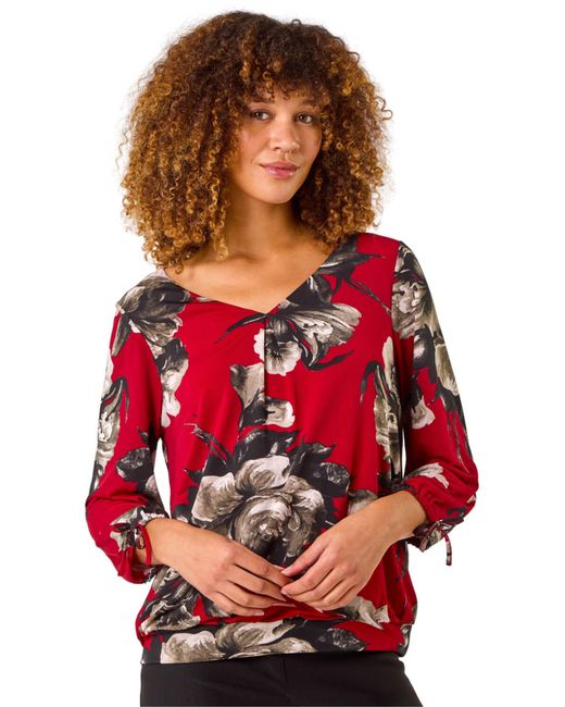 Roman Red V-Neck Floral Print Tie Sleeve Top